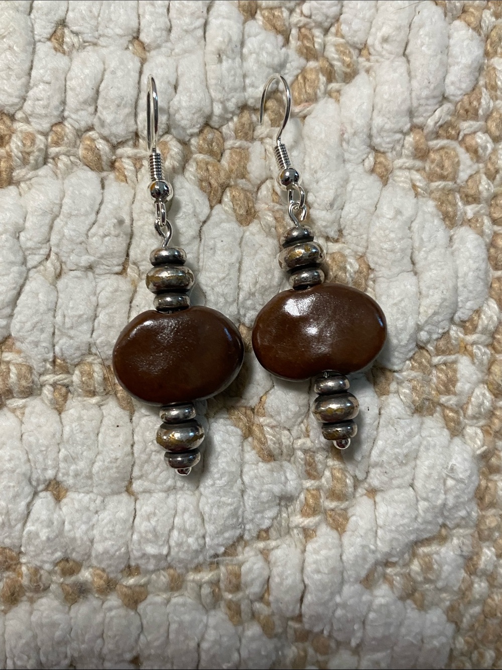 Brown Bead Drop Earrings with Silver Accents - Women Jewelry